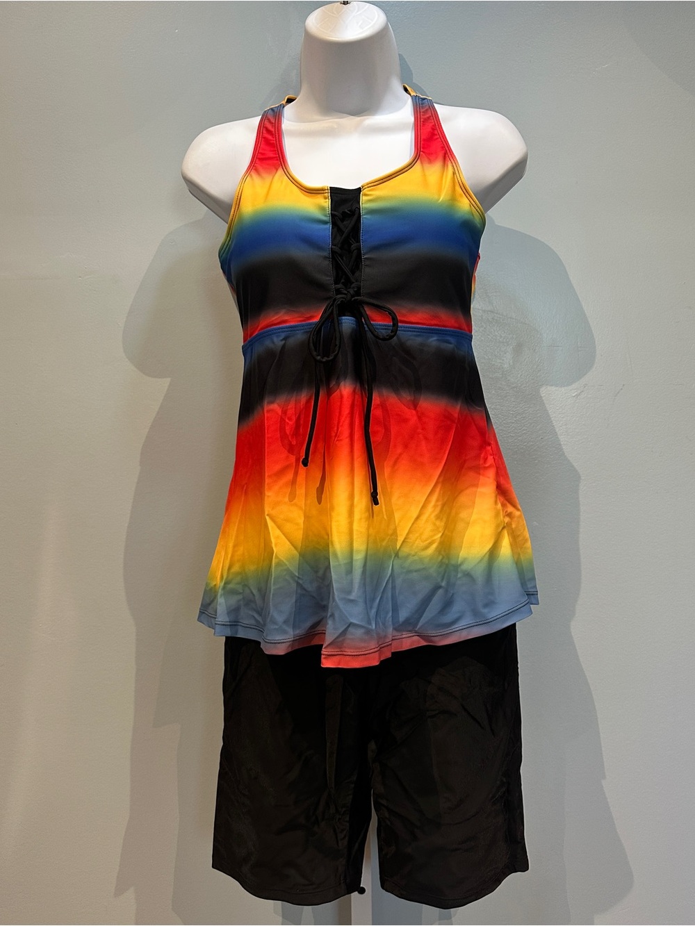 2-Piece Rainbow and Black Tankini and Swim Shorts Large NWOT